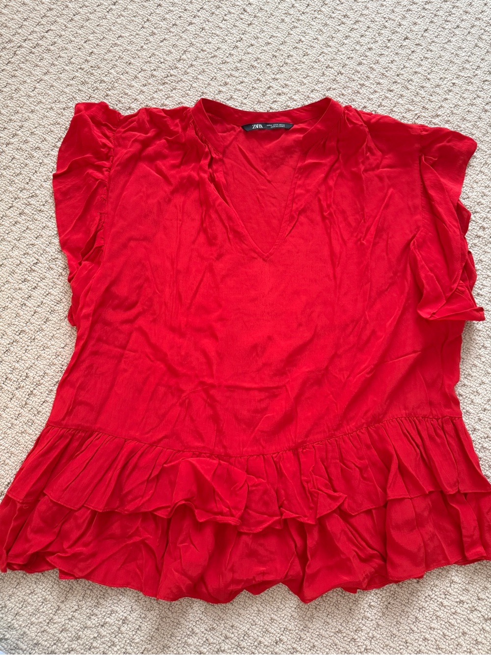 ZARA Red Ruffle Hem V-Neck Women’s Top